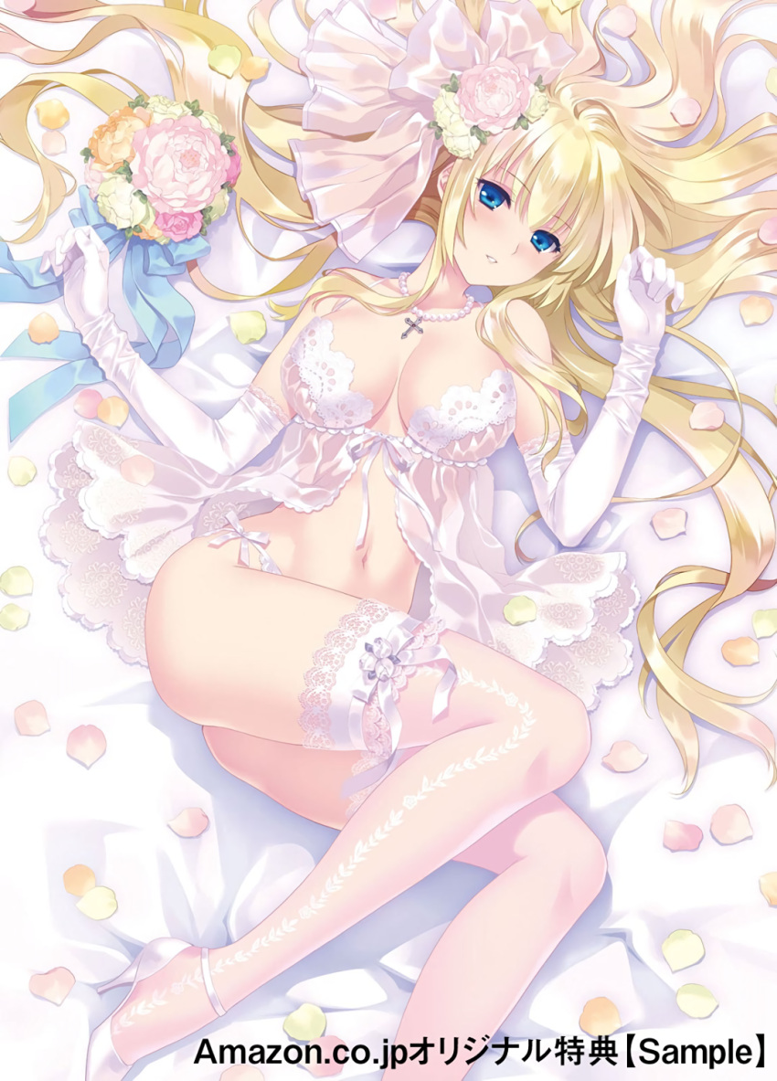 1girl, ass, blonde_hair, blue_eyes, blush, bouquet, breasts, breasts_apart