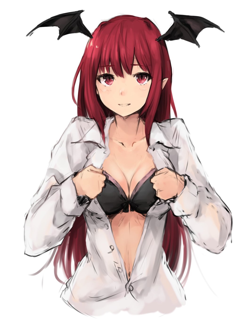 1girl, bat_wings, black_bra, bra, breasts, cleavage, collarbone, dress_shirt