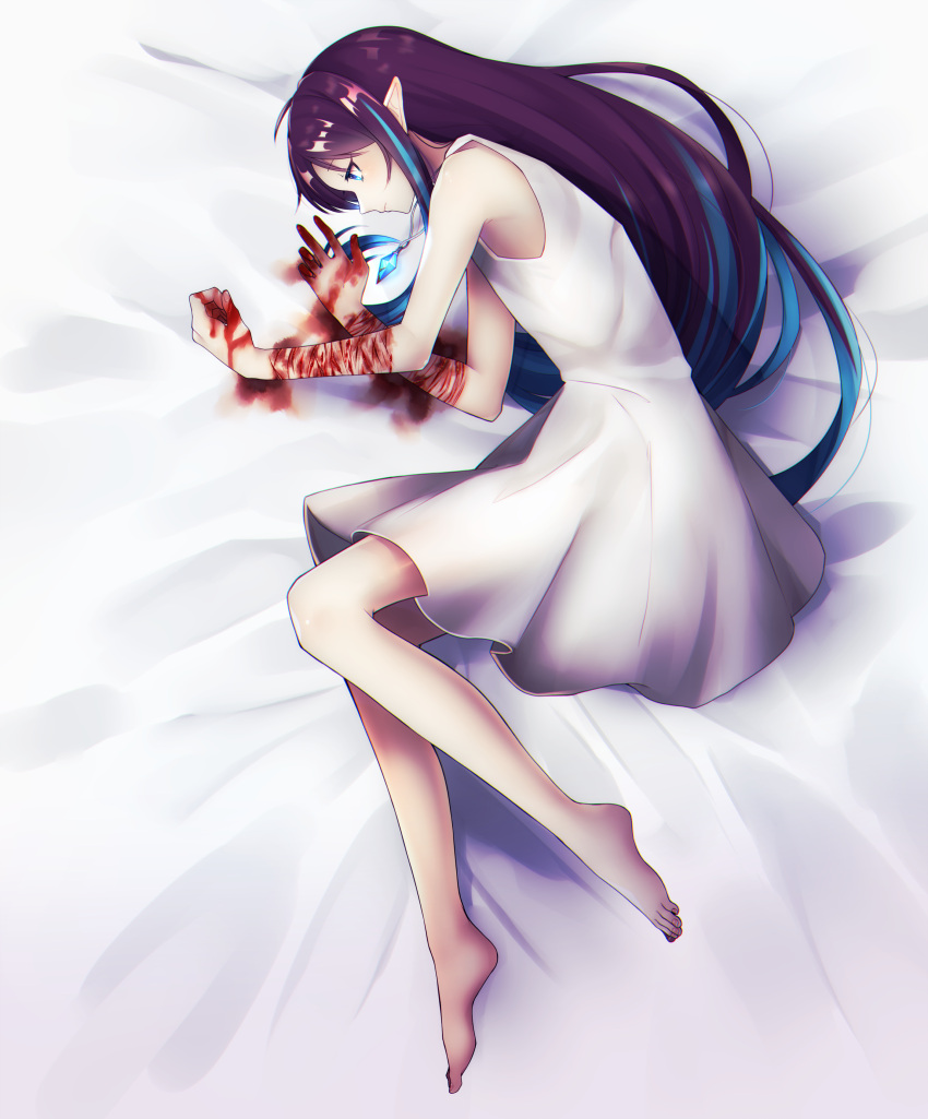 1girl, absurdres, barefoot, blood, blood_on_arm, bloody_hands, blue_eyes, blue_hair