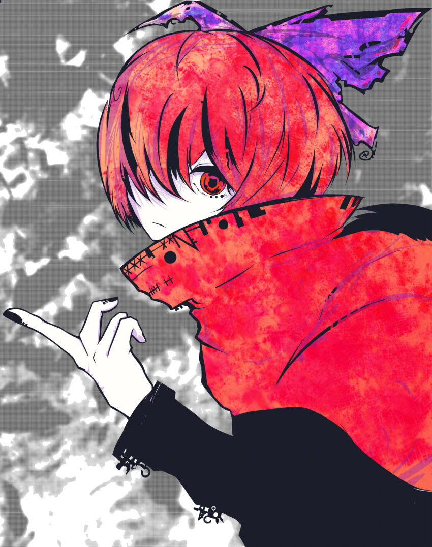 1girl, abstract_background, black_nails, black_shirt, blending, bob_cut, bow, cloak