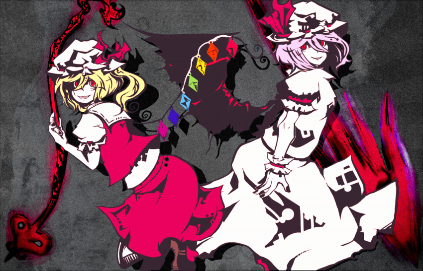 2girls, blonde_hair, bow, commentary_request, crystal, dress, flandre_scarlet, grey_background, grin, gungnir_(weapon), hat, hat_bow, laevatein, lavender_hair, long_hair, looking_at_viewer, mob_cap, multiple_girls, polearm, red_bow, red_eyes, remilia_scarlet, siblings, side_ponytail, sisters, skirt, smile, spear, tabazi, touhou, weapon, whorled_hair, wings, wrist_cuffs