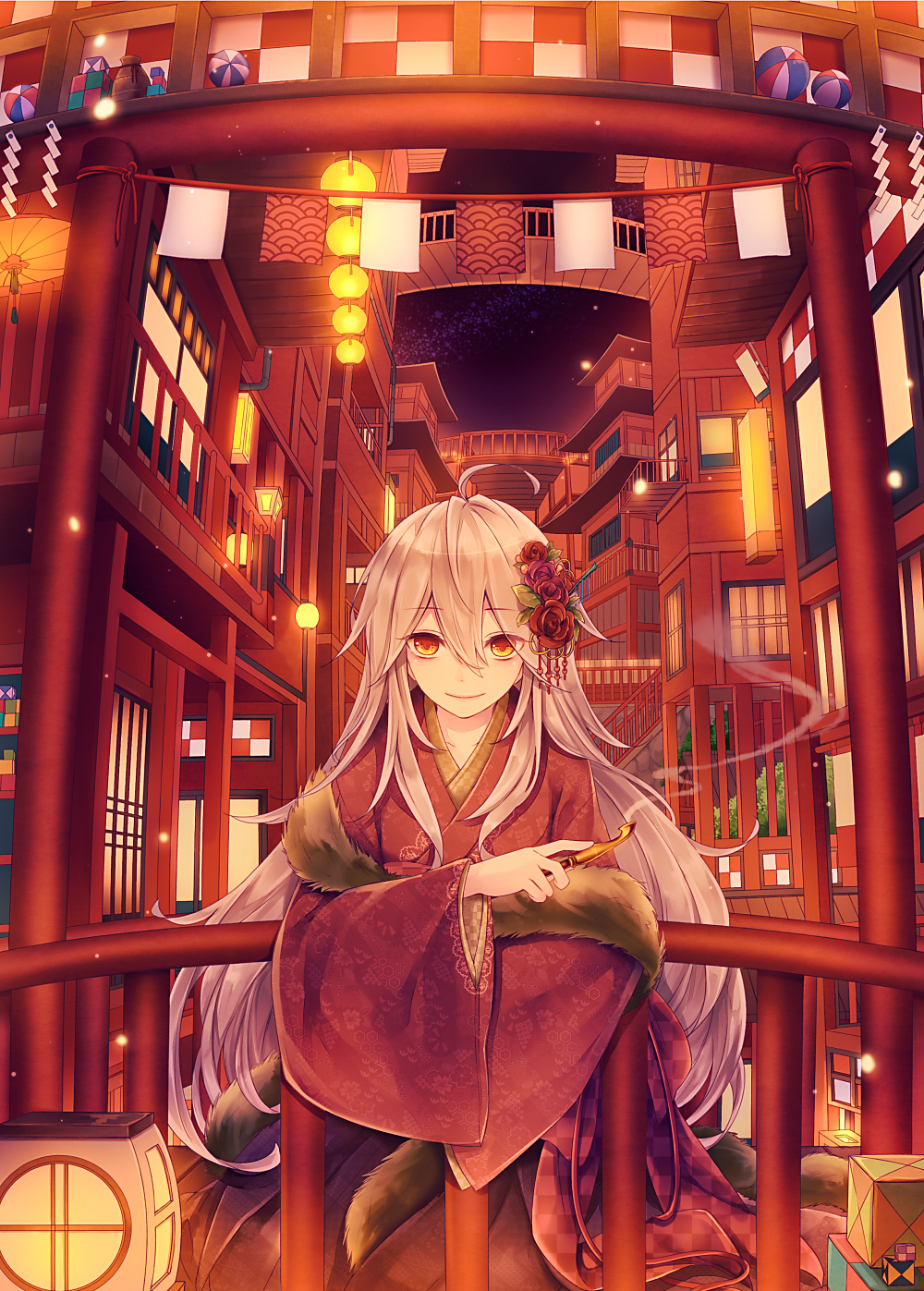 1girl, ahoge, architecture, bridge, brown_eyes, building, closed_mouth, east_asian_architecture