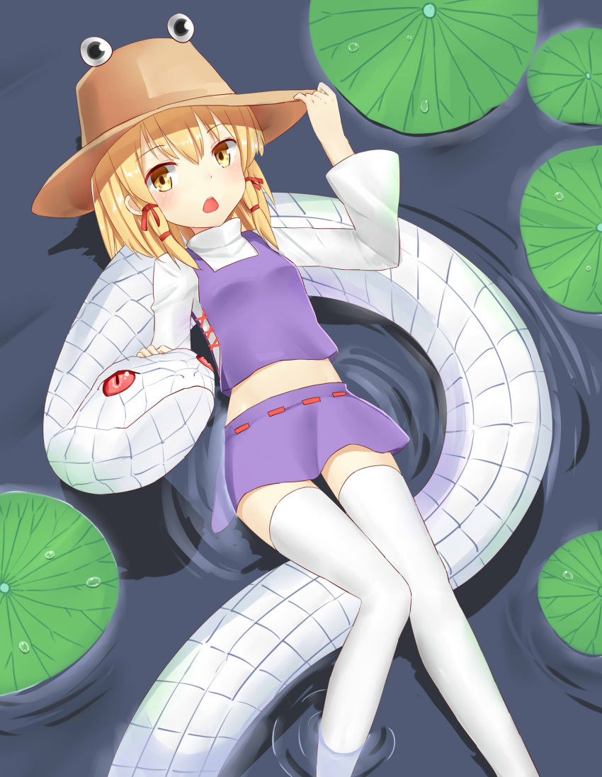 1girl, absurdres, blonde_hair, chestnut_mouth, hair_ribbon, hand_on_headwear, hat, high_collar