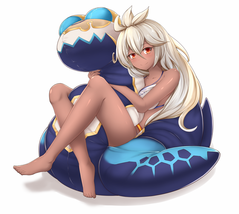 1girl, barefoot, bikini, breasts, collarbone, crossed_legs, dark_skin, eyebrows