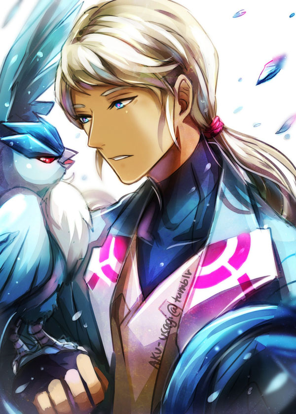 1girl, aku-usagi, androgynous, articuno, bird, blanche_(pokemon), blue_eyes, fingerless_gloves, gloves, ice, legendary_pokemon, looking_at_another, parted_lips, pokemon, pokemon_(creature), pokemon_go, ponytail, red_eyes, tumblr_username, turtleneck, white_hair