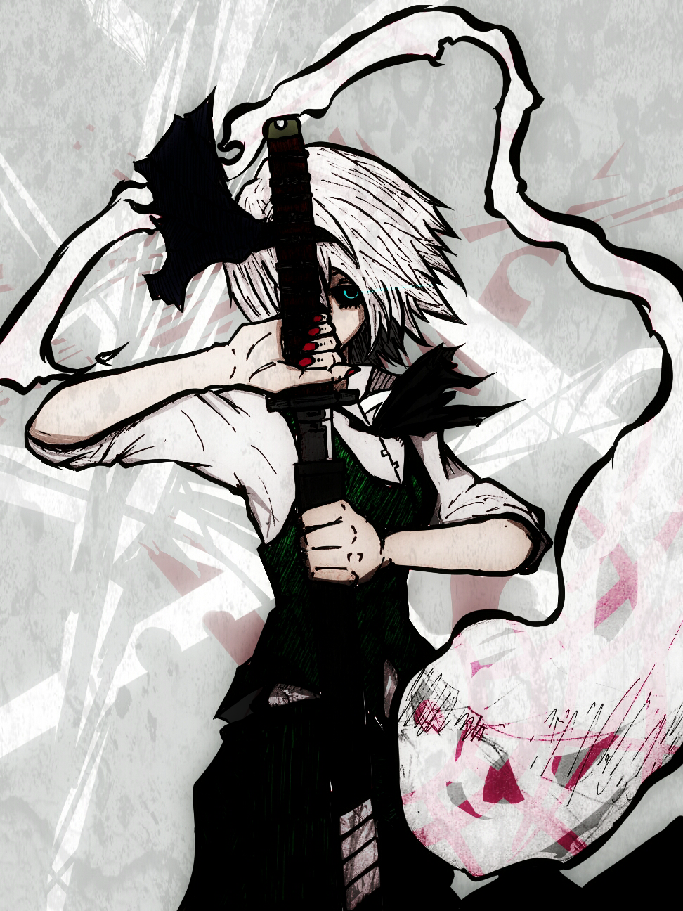 1girl, abstract_background, aqua_eyes, black_ribbon, black_sclera, commentary_request, creepy, dress_shirt