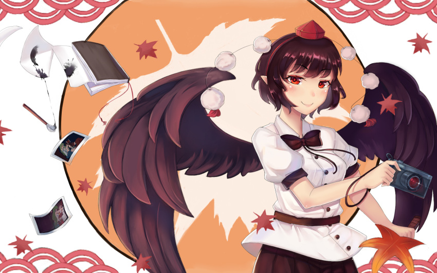 1girl, autumn_leaves, belt, bird_wings, black_bow, black_bowtie, black_hair, black_skirt