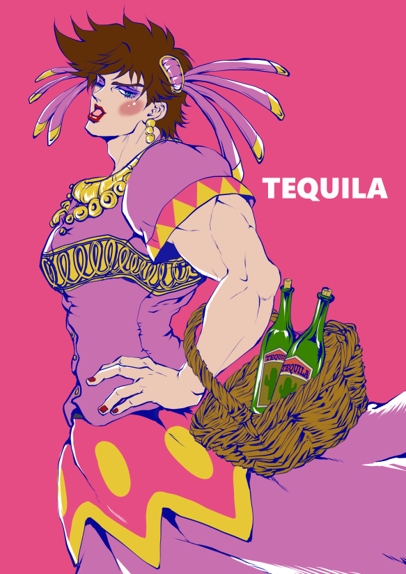 1boy, basket, blue_eyes, bottle, brown_hair, crossdressinging, jojo_no_kimyou_na_bouken, joseph_joestar_(young)