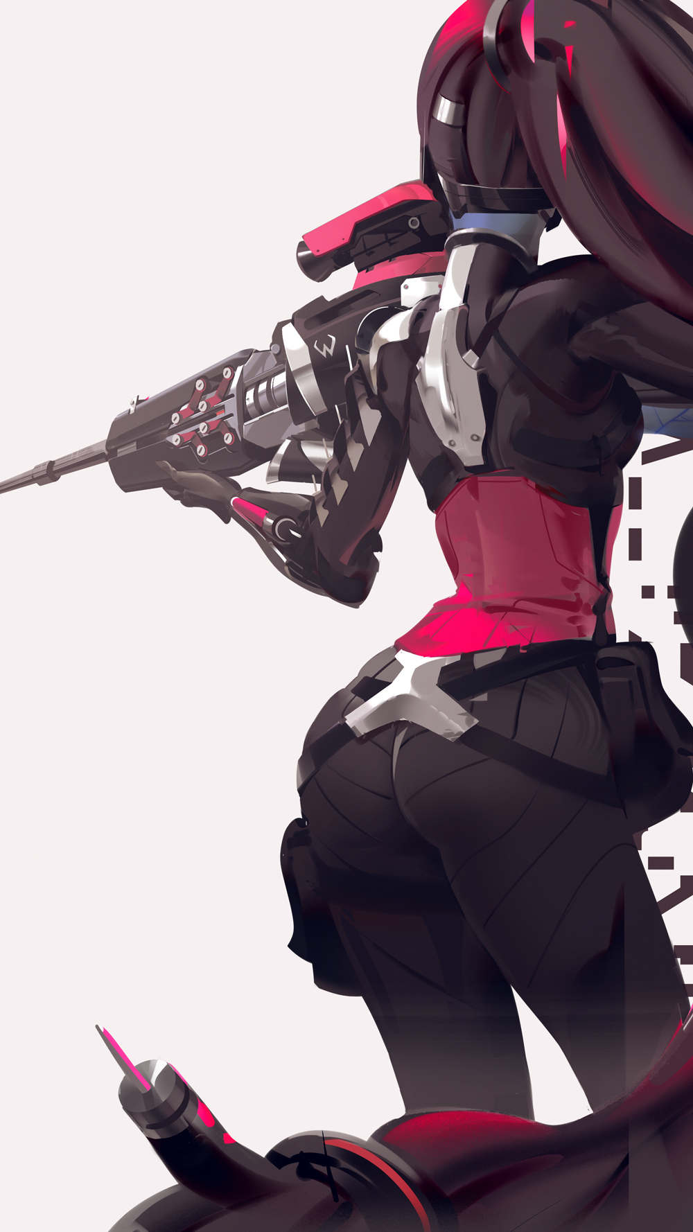 1girl, aiming, alternate_costume, ass, blue_skin, bodysuit, breasts, facing_away