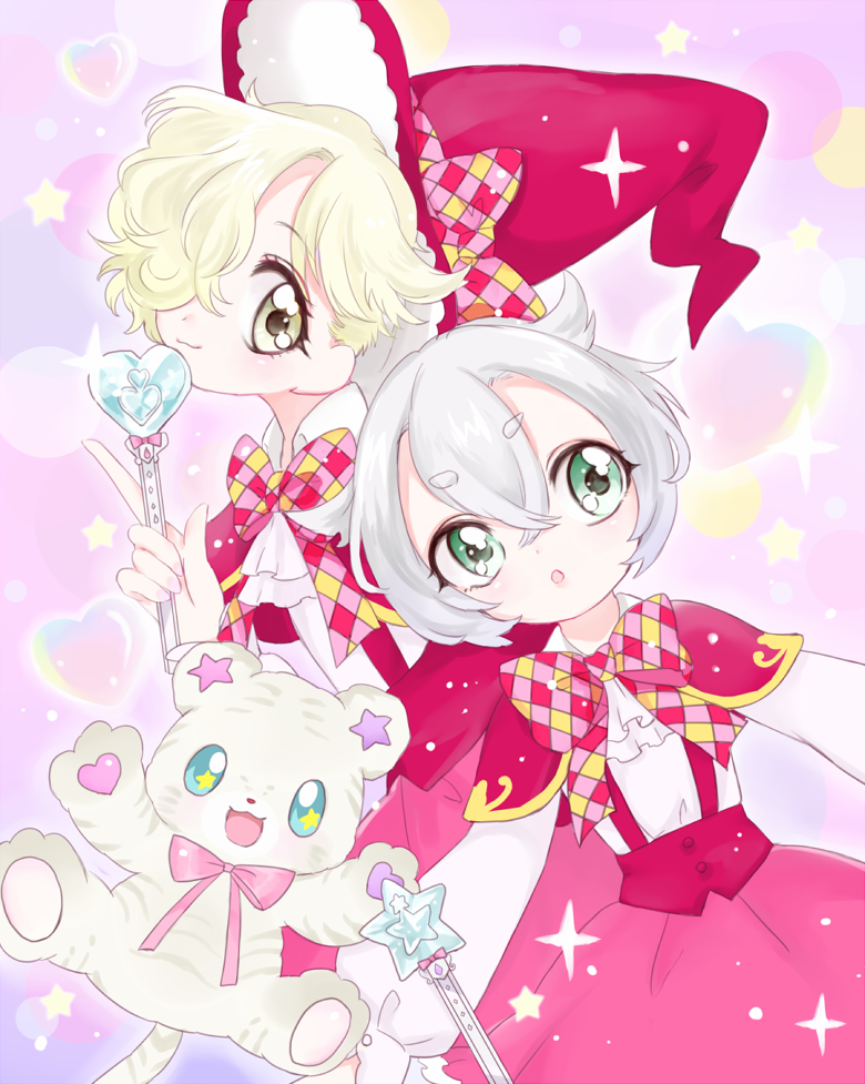 2boys, blonde_hair, crossdressinging, gokotai, gokotai's_tigers, green_eyes, hair_flaps, hair_over_one_eye