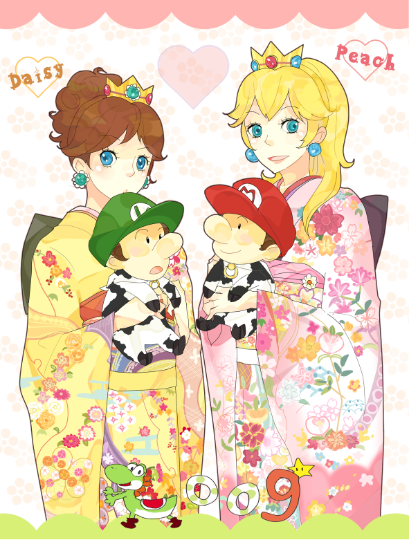 2009, 2boys, 2girls, alternate_hairstyle, baby, baby_luigi, baby_mario, bad_id