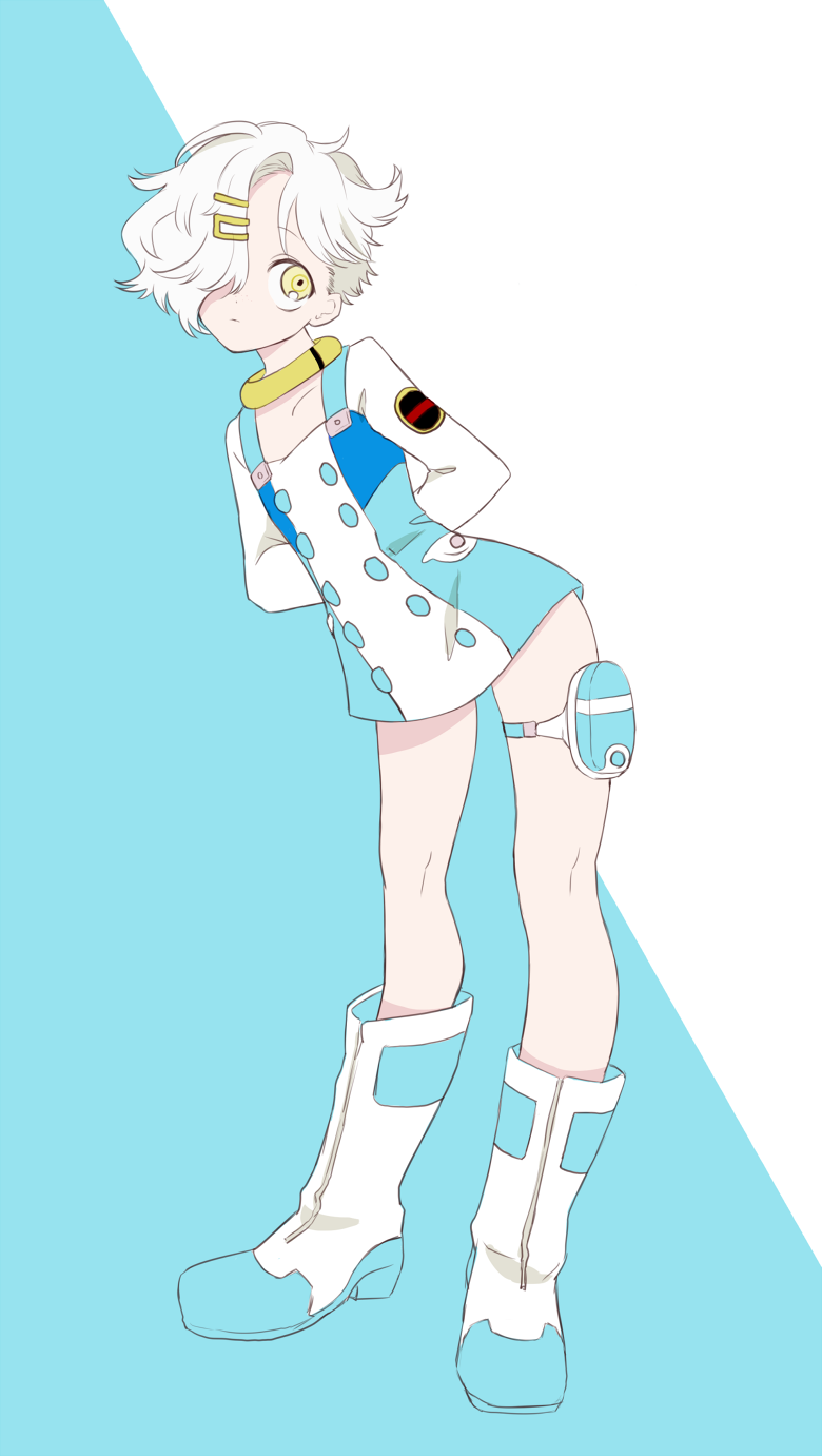 1boy, boots, cosplay, crossdressinging, dress, eureka, eureka_(cosplay), eureka_seven, eureka_seven_(series), gokotai, hair_ornament, hair_over_one_eye, hairclip, highres, male_focus, michelle_(ooo-anteat), short_dress, short_hair, solo, touken_ranbu, trap, yellow_eyes