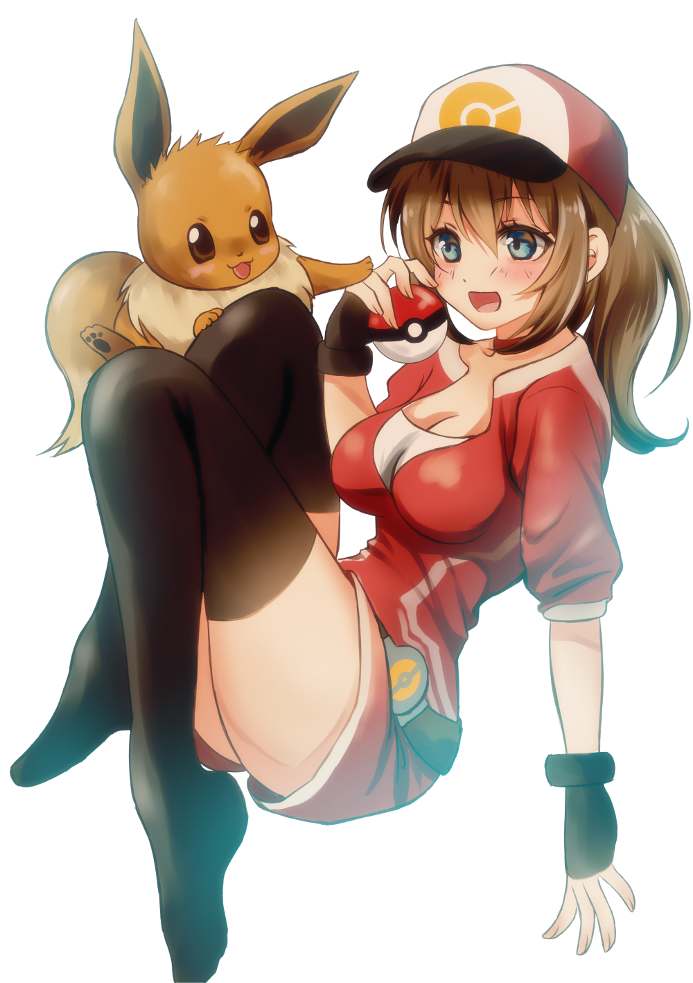 1girl, :3, :d, baseball_cap, belt, black_gloves, black_legwear, blue_eyes