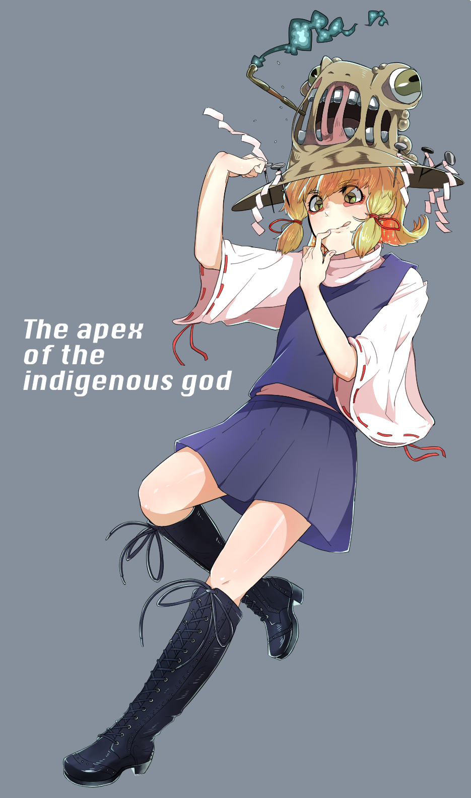 1girl, amphibian_eyes, black_boots, blonde_hair, boots, cross-laced_footwear, engrish, frog_eyes