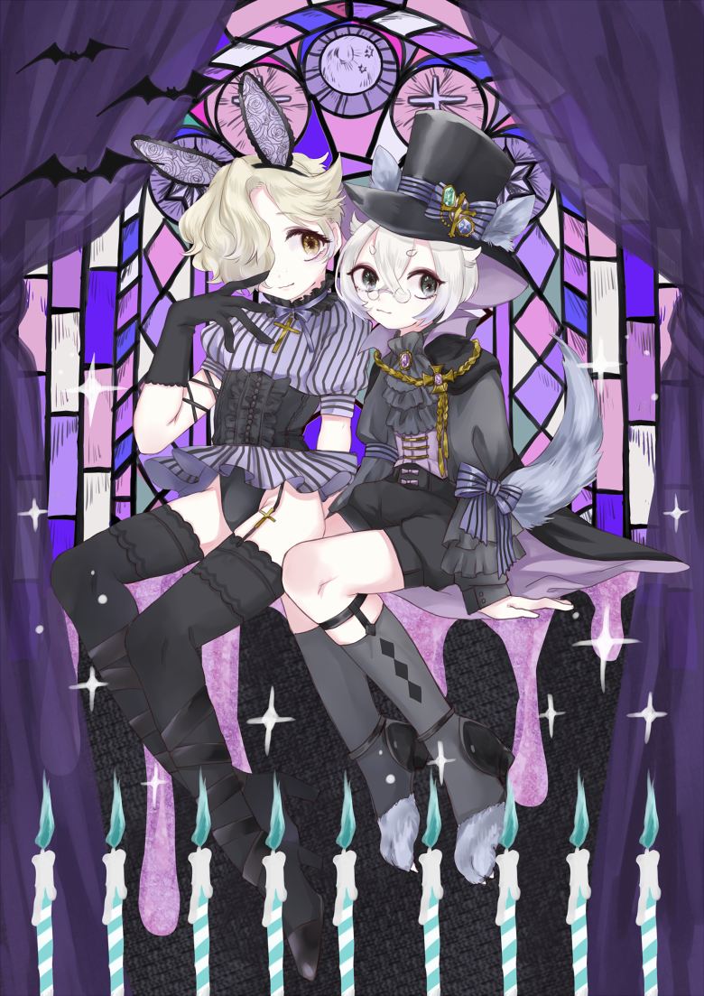 2boys, animal_ears, black_legwear, blonde_hair, full_body, glasses, gokotai, hair_flaps