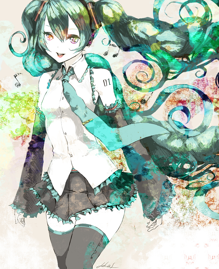 aqua_hair, bad_id, bare_shoulders, curly_hair, detached_sleeves, hatsune_miku, kunimura_hakushi, lips