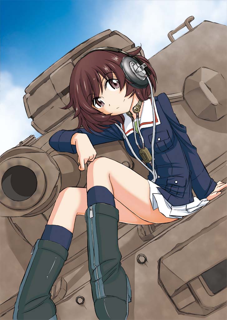 1girl, akiyama_yukari, arm_support, bangs, black_boots, black_legwear, blue_jacket, boots, brown_eyes, brown_hair, charlie_nishinaka, clouds, cloudy_sky, dutch_angle, full_body, girls_und_panzer, green_shirt, ground_vehicle, headphones, jacket, long_sleeves, looking_at_viewer, messy_hair, military, military_uniform, military_vehicle, miniskirt, motor_vehicle, outdoors, panzerkampfwagen_iv, pleated_skirt, shirt, short_hair, sitting, skirt, sky, smile, socks, solo, tank, throat_microphone, uniform, vehicle_request, white_skirt