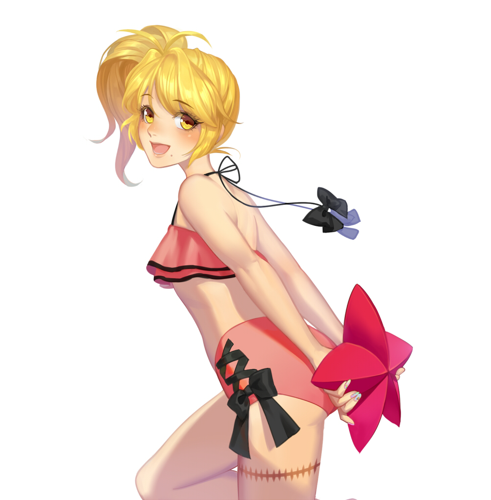 1boy, benio_(zone-00), bikini, blonde_hair, blush, buming, commentary_request, from_behind