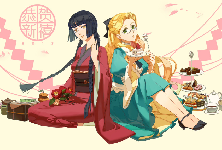2013, 2girls, black_hair, blonde_hair, bow, braid, buming, cake