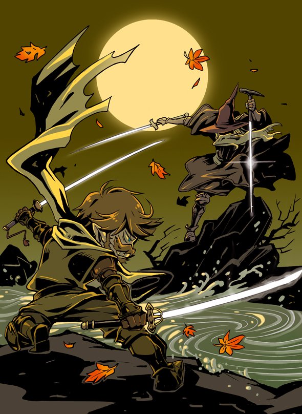 2boys, altheia, autumn_leaves, beard, dual_wielding, facial_hair, fighting, granblue_fantasy