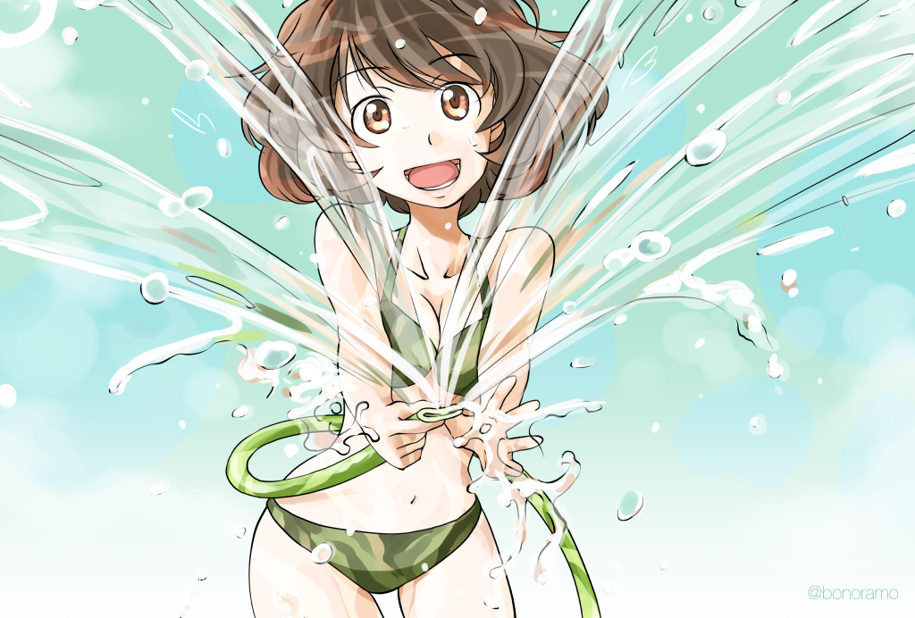 1girl, akiyama_yukari, bangs, bikini, bonoramo, breasts, brown_eyes, brown_hair