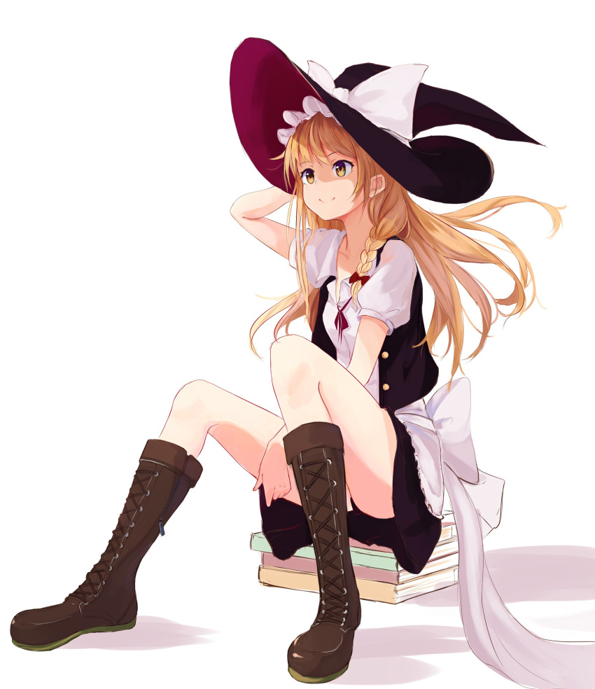 1girl, absurdres, apron, black_dress, black_skirt, blonde_hair, book_stack, boots
