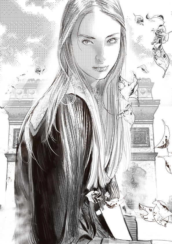 1girl, arc_de_triomphe, greyscale, kureba, leaf, lips, long_hair, looking_at_viewer