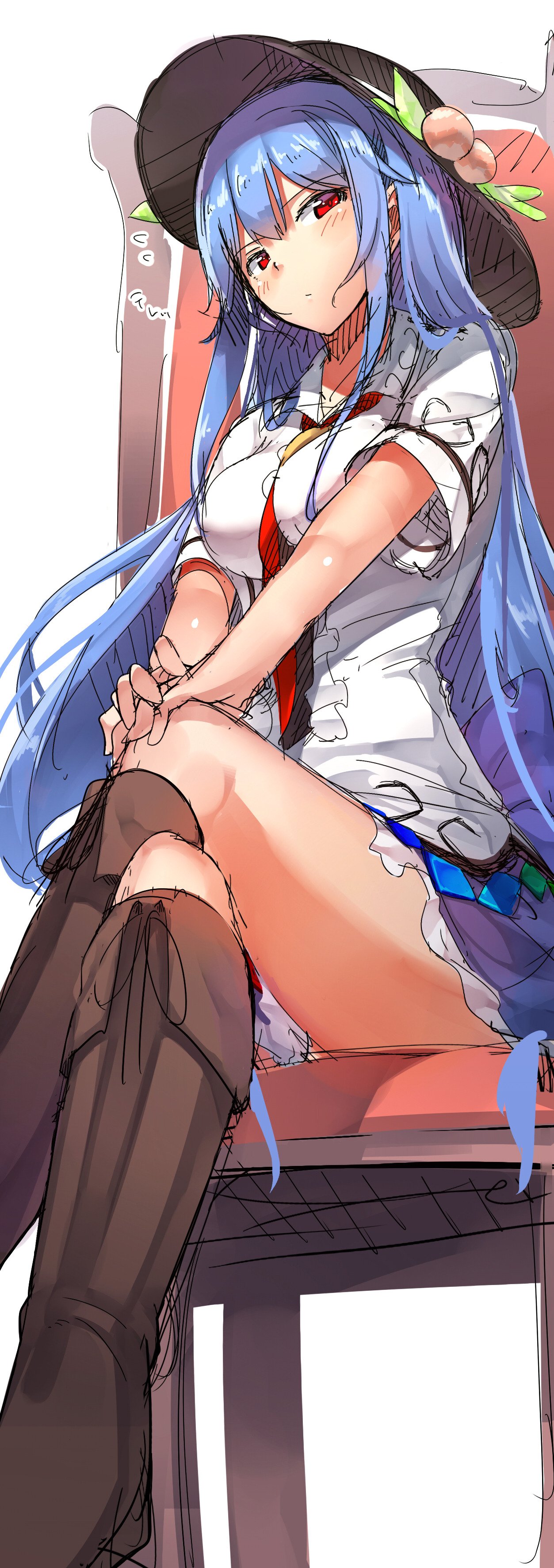 1girl, absurdres, black_hat, blue_hair, blue_skirt, blush, boots, breasts