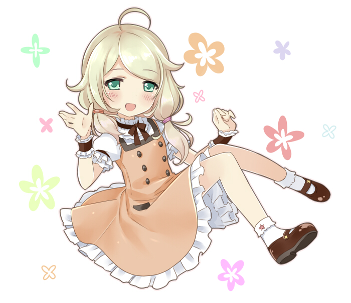 1girl, ahoge, blonde_hair, blush, floral_background, french_maid, green_eyes, idolmaster