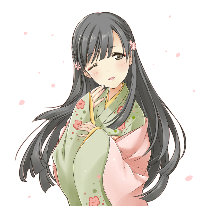 1girl, black_eyes, black_hair, blush, braid, cherry_blossoms, floral_print, flower