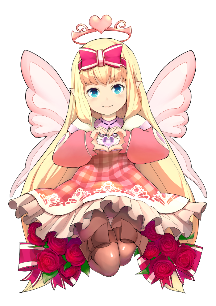 1girl, blonde_hair, blue_eyes, bow, brown_bow, chocolate_angel, dress, flower, full_body, halo, heart, heart_hands, little_noah, long_hair, looking_at_viewer, pantyhose, pink_dress, pink_wings, pointy_ears, pomeroxu, rose, smile, solo, very_long_hair, white_background, wings