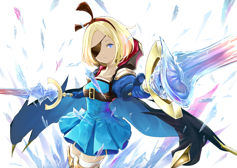 1girl, blonde_hair, blue_eyes, blue_skirt, cape, dual_wielding, eyepatch, foreshortening, hairband, hood, hood_down, little_noah, looking_at_viewer, noah_(little_noah), one_eye_covered, pomeroxu, skirt, solo, standing, sword, weapon, white_legwear