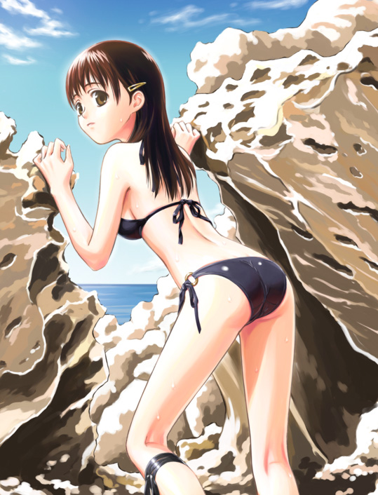 beach, bikini, brown_eyes, brown_hair, dktaka, from_behind, hair_ornament, hairclip