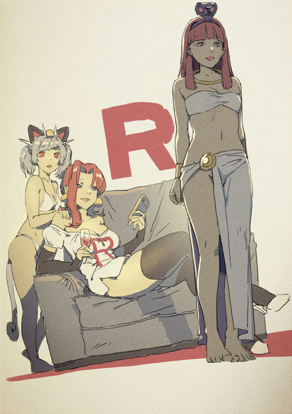 3girls, animal_ears, arbok, bangs, bare_shoulders, bikini, black_legwear, blunt_bangs