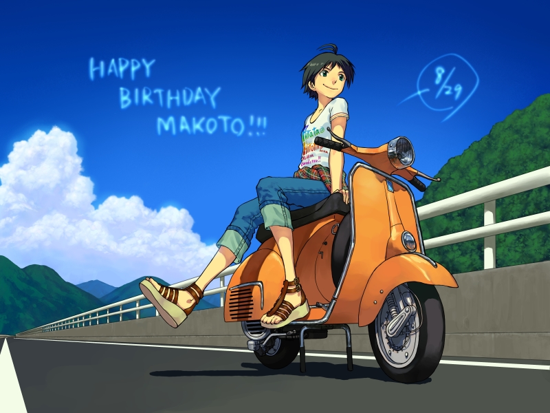 cloud, clouds, happy_birthday, hill, idolmaster, jeans, kikuchi_makoto, motor_vehicle, o'm, om_(carbohydratism), road, sandals, scooter, short_hair, sky, solo, vehicle, vespa