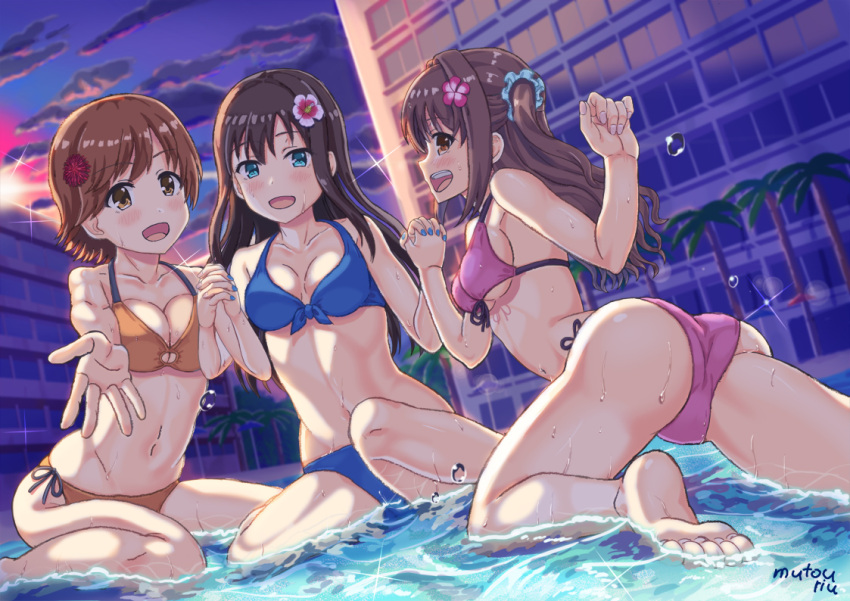 3girls, ass, barefoot, bikini, breasts, brown_eyes, brown_hair, cleavage