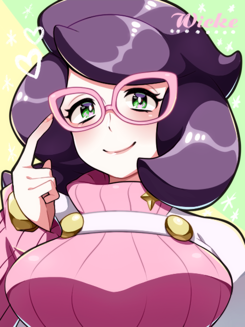 1girl, character_name, finger_to_eye, glasses, green_eyes, heart, okumura_096, pink-framed_eyewear