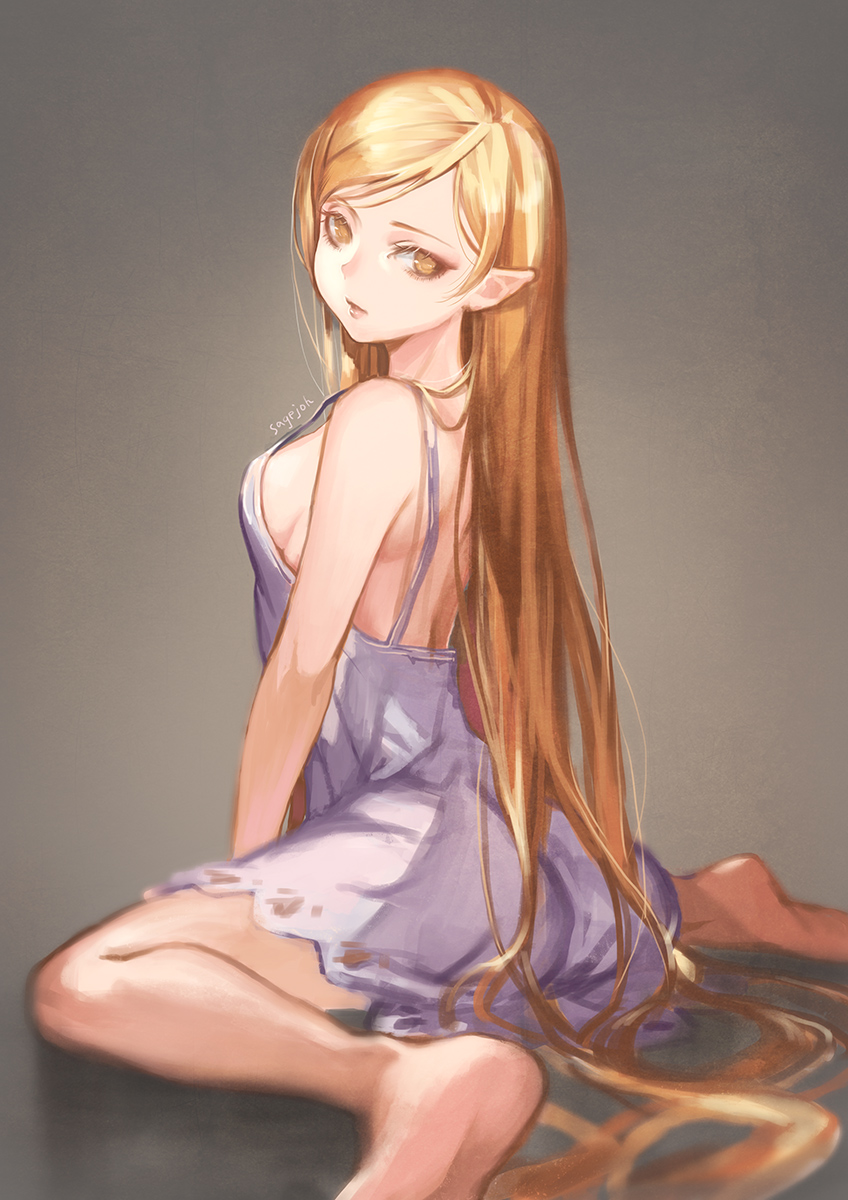 1girl, artist_name, bakemonogatari, bare_legs, barefoot, between_legs, blonde_hair, breasts