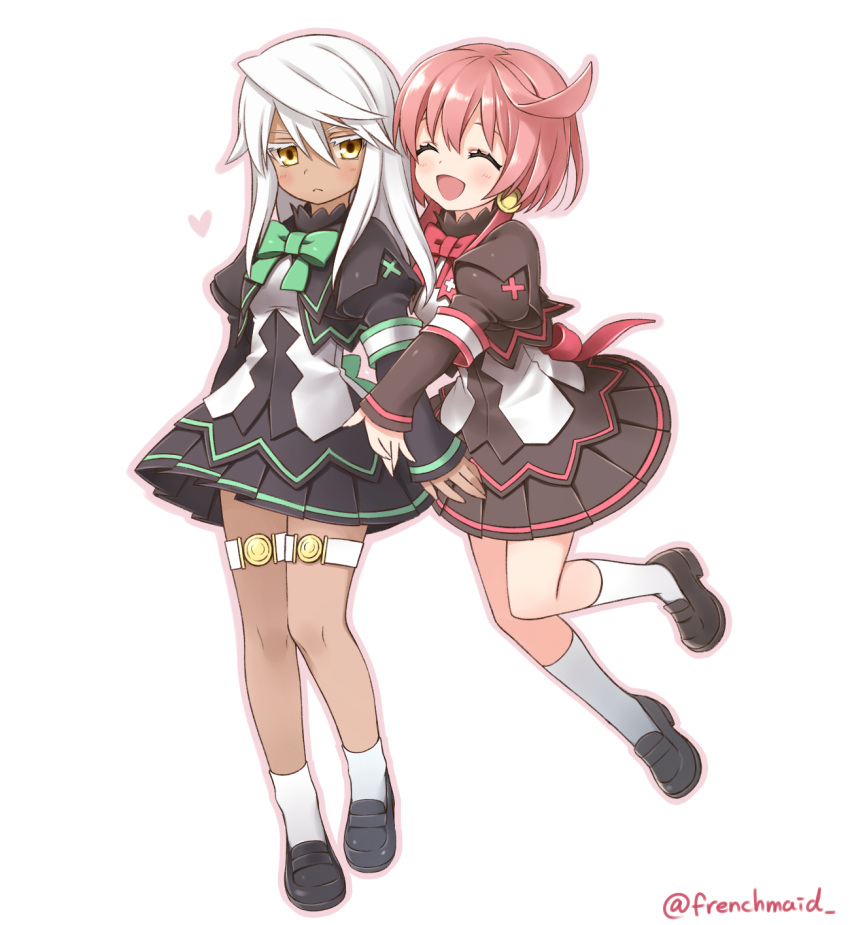 2girls, :<, ^_^, ahoge, closed_eyes, dark_skin, earrings, elphelt_valentine