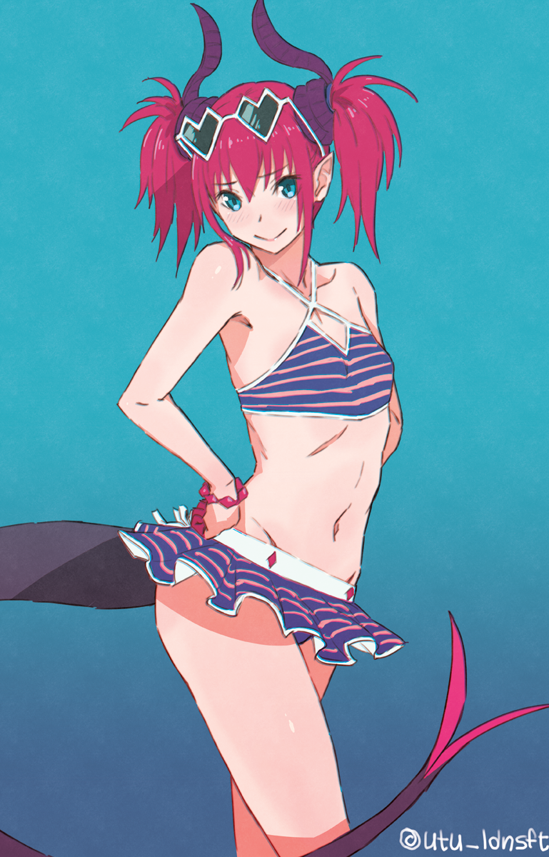 1girl, alternate_costume, armpits, artist_name, bare_legs, bikini, bikini_skirt, blue_background