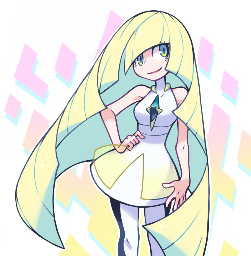 1girl, bare_arms, blonde_hair, blush, crystal, green_eyes, hand_on_hip, highres, limb92, long_hair, looking_at_viewer, lusamine_(pokemon), multicolored_hair, open_mouth, pokemon, pokemon_(game), pokemon_sm, sleeveless, solo, standing, streaked_hair, very_long_hair