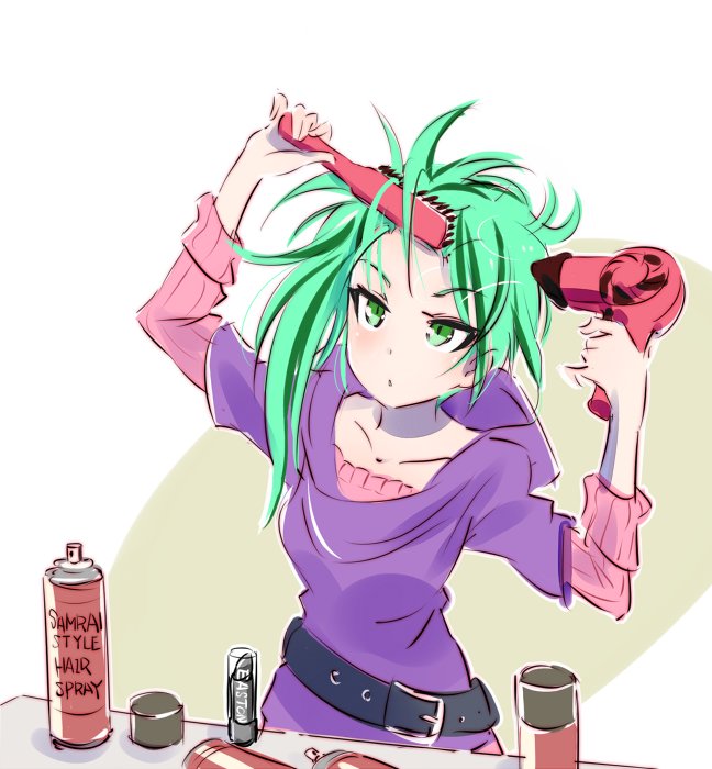 1girl, belt, comb, green_eyes, green_hair, hair_blowing, hair_spray, hood