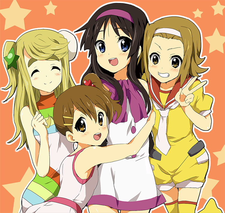 4girls, akiyama_mio, bad_id, black_hair, blonde_hair, blue_eyes, brown_eyes, brown_hair