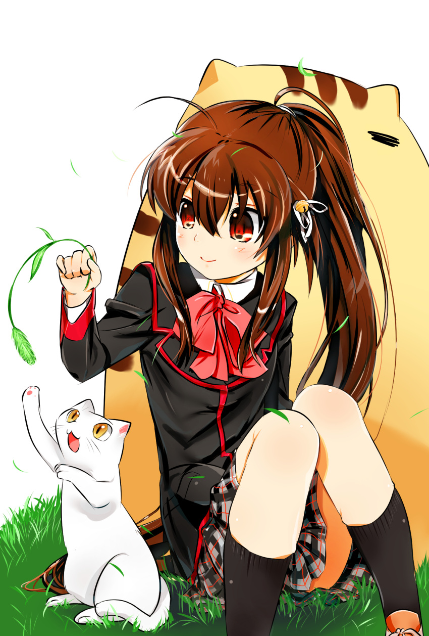 1girl, ahoge, brown_hair, cat, cat_teaser, doruji, grass, highres, lennon, little_busters!!, long_hair, natsume_rin, natsuoto_rito, plaid, plaid_skirt, ponytail, red_eyes, school_uniform, sitting, skirt
