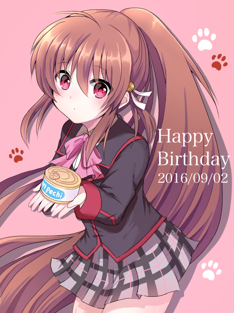 1girl, ahoge, brown_hair, can, daamiyan, happy_birthday, little_busters!!, long_hair