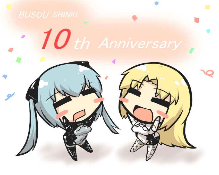 2girls, arnval_mk2, black_legwear, blonde_hair, blue_hair, blush_stickers, busou_shinki, chibi