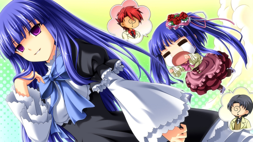 2boys, 2girls, artist_request, bangs, blue_hair, blunt_bangs, bow, chibi, crying, dress, faceless, flower, frederica_bernkastel, frilled_dress, frilled_skirt, frills, furudo_erika, game_cg, grin, hair_flower, hair_ornament, jealous, lolita_fashion, long_hair, multiple_boys, multiple_girls, official_art, open_mouth, ougon_musou_kyoku, parted_lips, puffy_sleeves, rose, skirt, smile, twintails, umineko_no_naku_koro_ni, ushiromiya_battler, ushiromiya_george, violet_eyes