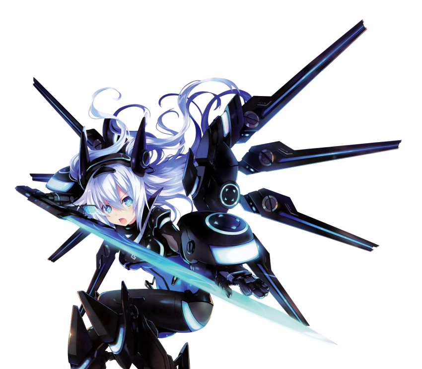 1girl, black_heart, blue_eyes, bodysuit, breasts, choujigen_game_neptune, gauntlets, hair_between_eyes