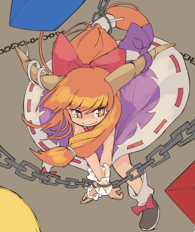 1girl, bow, brown_background, chain, commentary_request, cuffs, hair_bow, horn_bow