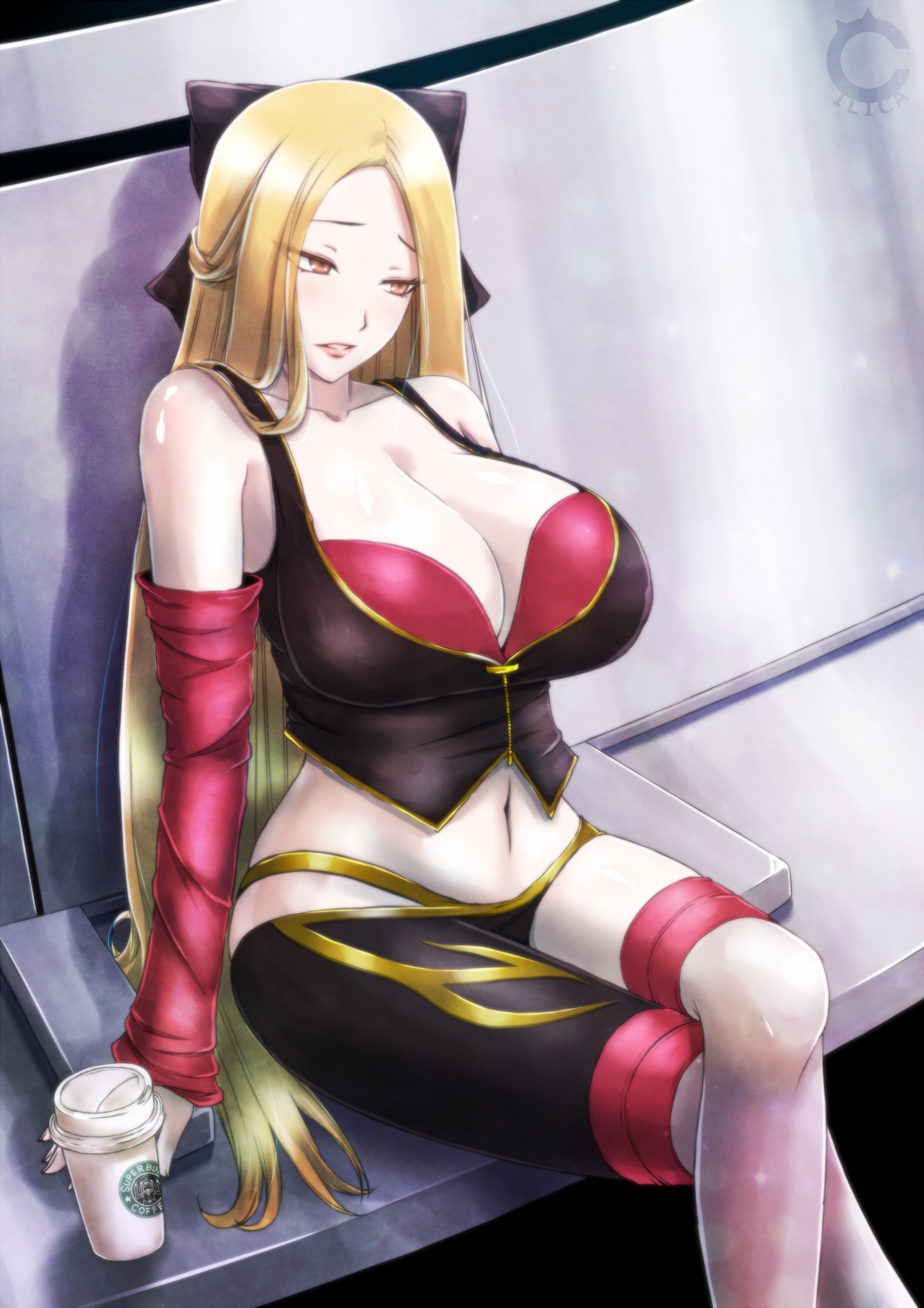 1girl, asymmetrical_clothes, bangs, bare_shoulders, black_bow, blonde_hair, blush, borrowed_character